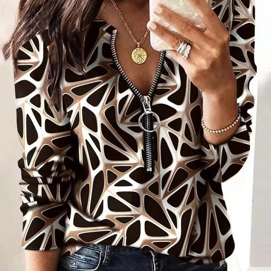 Blusa informal de manga larga con cremallera y estampado de letras para mujer