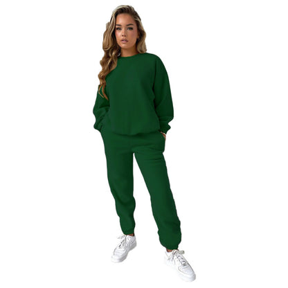 Conjunto informal de dos piezas con top y pantalón holgado de manga larga y cuello redondo de color liso para mujer