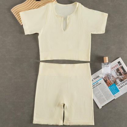 Women Fashion Casual Solid Color Sports Yoga Short Sleeve Top Shorts Set