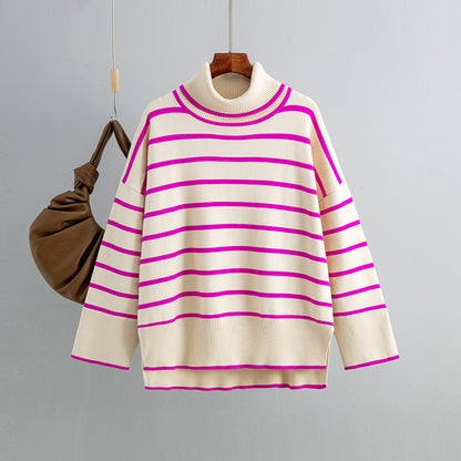Autumn And Winter Women Casual Stripe Turtleneck Knitted Sweater