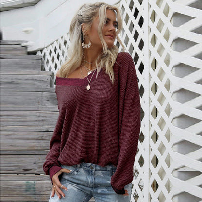 Women Fashion Winter Casual Lantern Sleeve Solid Color Knitted Top