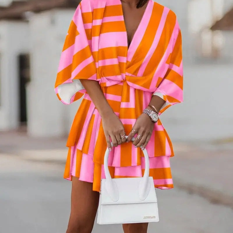 Women Fashion Casual Boho Style V-Neck Loose Dolman Sleeve Graphic Printed Dress