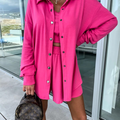 Conjunto de tres piezas de camisa de manga larga y blusa holgada de color liso informal de calle para mujer