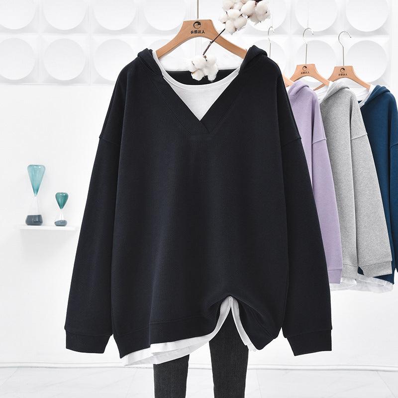 Sudadera con capucha informal de color liso con cuello en V y costuras para mujer
