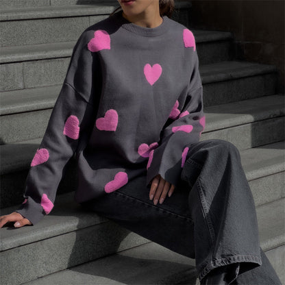 Women Fashion Cute Heart-Shaped Round Neck Winter Loose Casual Knitted Sweater