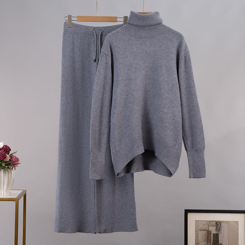Suéter de punto de cuello alto de color liso para mujer, conjunto de dos piezas con pantalones anchos informales para otoño e invierno