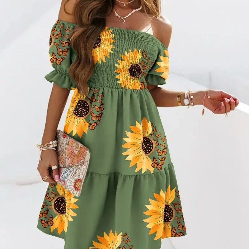 Vestido informal de manga corta con volantes y hombros descubiertos para mujer, estilo arcoíris