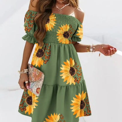 Vestido informal de manga corta con volantes y hombros descubiertos para mujer, estilo arcoíris