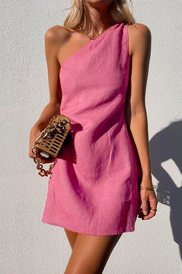 Women Casual Solid Color Slim-Fit One-Shoulder Dress