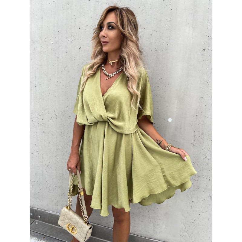 Spring Summer Solid Color Satin Loose Casual Vacation V Neck Dress