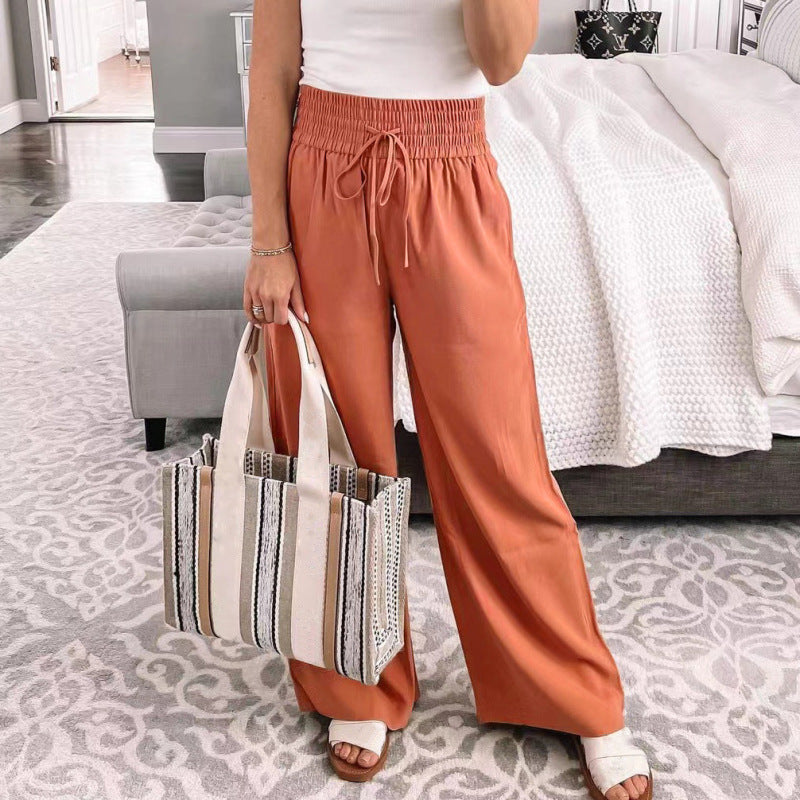 Women Casual Solid Color Loose Mid-Waist Drawstring Wide-Leg Pants