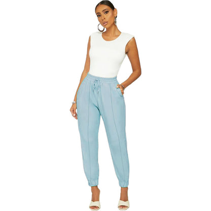Women Solid Color Pu Leather Casual Pants Pencil Jogger Pants