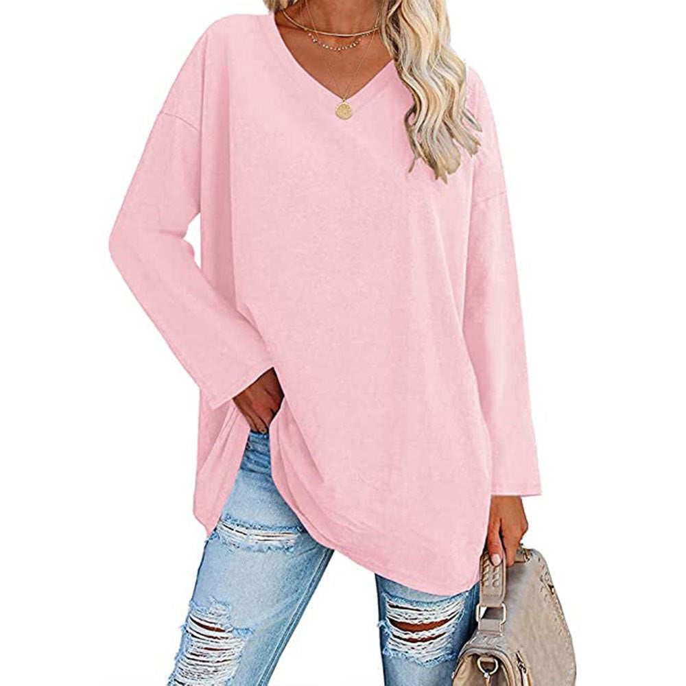 Camiseta informal de manga larga con cuello en V y color liso para mujer