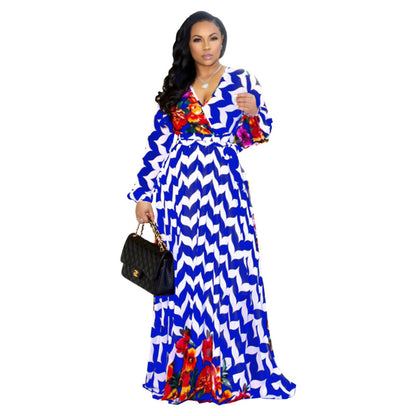 Women Fashion Casual Digital Printing V-Neck Long Sleeve Loose Dress