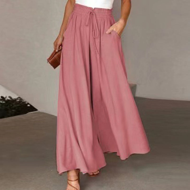 Women Solid Color Loose Casual Elastic Wasit Wide-Leg Pants