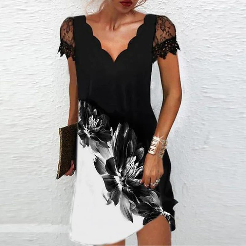 Vestido elegante informal de manga corta con estampado floral, escote en V y encaje de patchwork para mujer