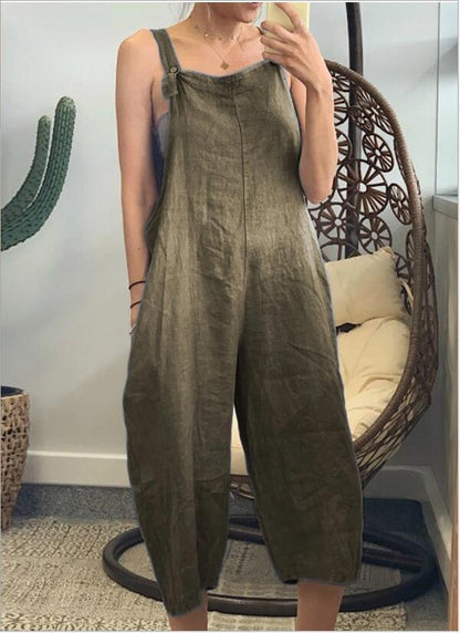 Women Summer Solid Color Cotton Overalls Loose Casual Jumpsuits