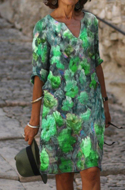 Vestido informal de manga corta con cuello en V y estampado de flores multicolor para mujer