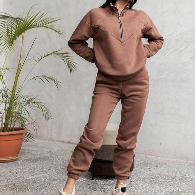 Conjunto de dos piezas de jersey deportivo informal con capucha y manga larga de color liso para mujer