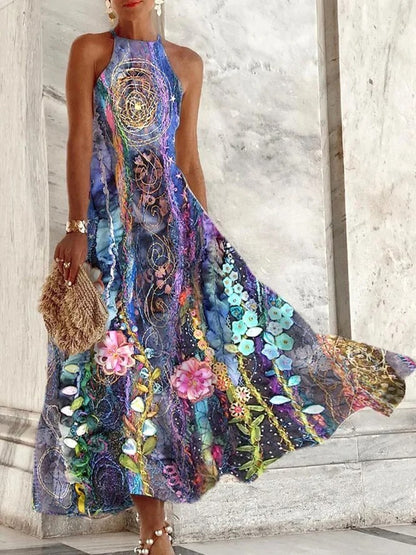 Vestido largo informal sin mangas con cuello halter y estampado floral chino vintage para mujer