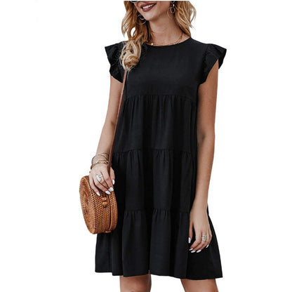 Women Summer Casual Solid Color Round Neck Casual Pleated Large Swing Dress