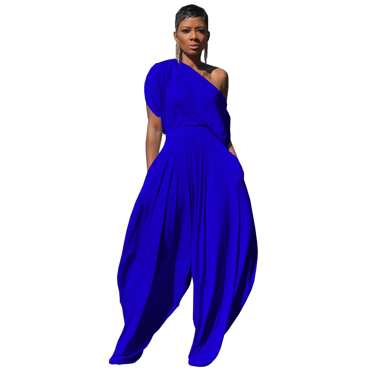 Conjunto de dos piezas de pantalones harén informales de algodón de color liso con hombros inclinados para mujer