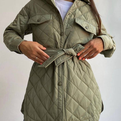 Chaqueta acolchada holgada informal de color liso con mangas largas y solapas cruzadas para mujer