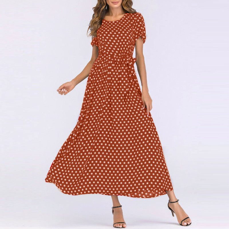 Women Casual Elegant Round Neck Short-Sleeved Polka Dot Print Midi Dress