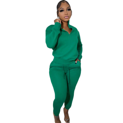 Conjunto deportivo informal de dos piezas para mujer, sudadera y pantalones de manga larga con cremallera y cuello alto en color liso