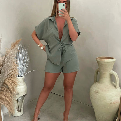 Conjunto de dos piezas para mujer, estilo casual, color liso, clásico, con camisa de un solo pecho y cintura elástica