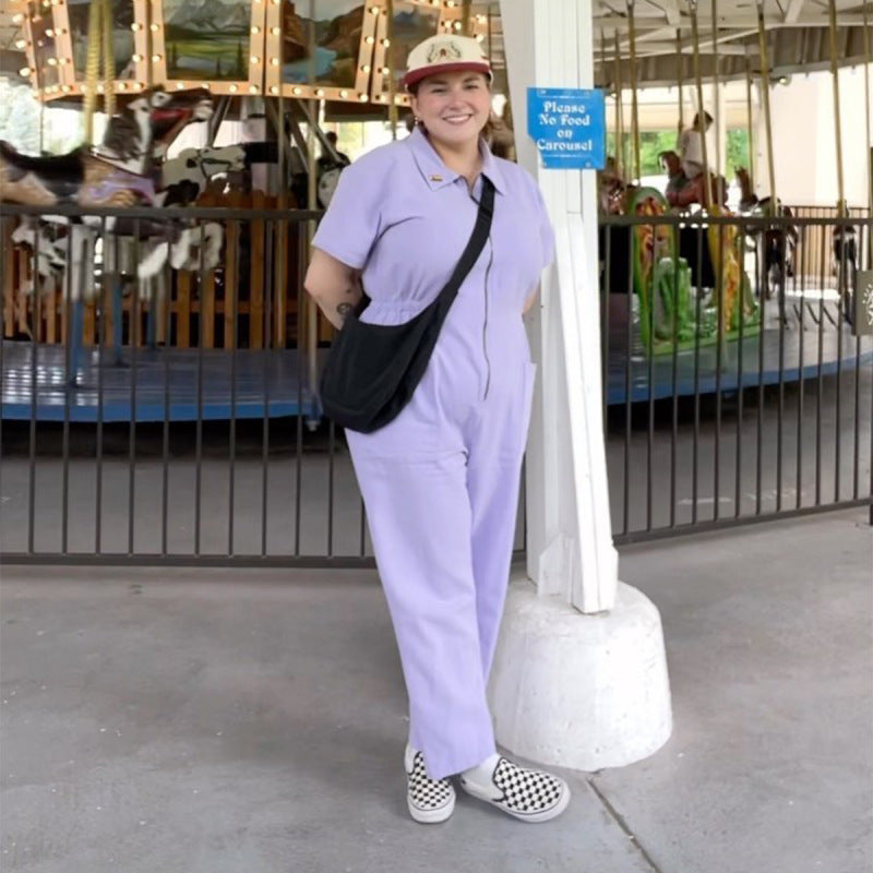Plus Size Summer New Women Casual Fashion Solid Color Short Sleeve Lapel Zipper Cargo Jumpsuits