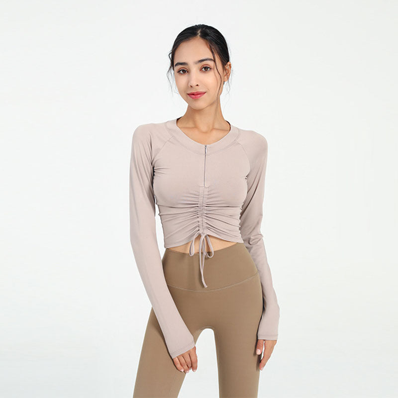 Women Casual Loose Solid Color Round Neck Long Sleeve Drawstring Sports Top