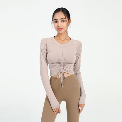 Women Casual Loose Solid Color Round Neck Long Sleeve Drawstring Sports Top