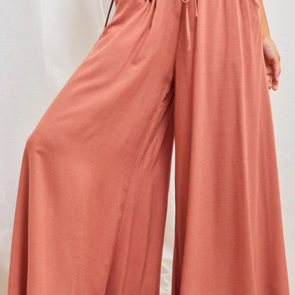 Women Fashion Casual Solid Color Elastic Waist Wide Leg Pants