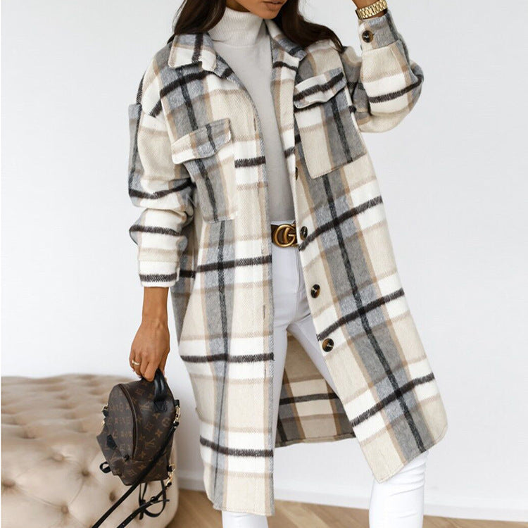 Abrigo de invierno para mujer, de manga larga, con solapa abotonada, informal, cálido, a cuadros, tipo chaqueta