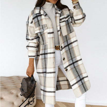 Abrigo de invierno para mujer, de manga larga, con solapa abotonada, informal, cálido, a cuadros, tipo chaqueta