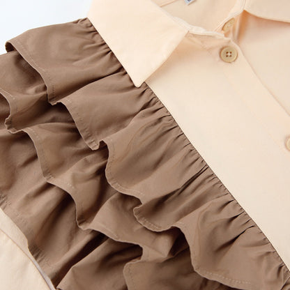 Fashion Office Women Unique Loose Contrast Color Ruffled Long Sleeve Casual Lapel Shirt Blouse