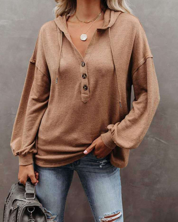 Women Casual Solid Color Long Sleeves Hooded Loose Solid Color Top