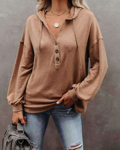 Women Casual Solid Color Long Sleeves Hooded Loose Solid Color Top