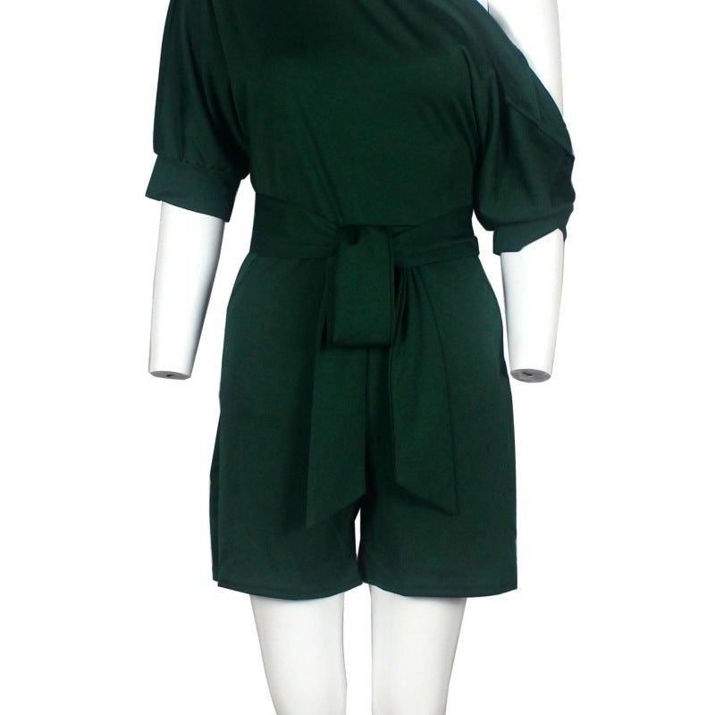 Women Casual Elegant Off-Shoulder Button Down Solid Color Short Sleeve Rompers