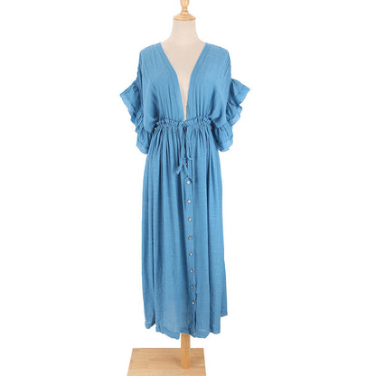 Traje de baño de playa informal holgado con cuello en V y manga corta de color liso para mujer