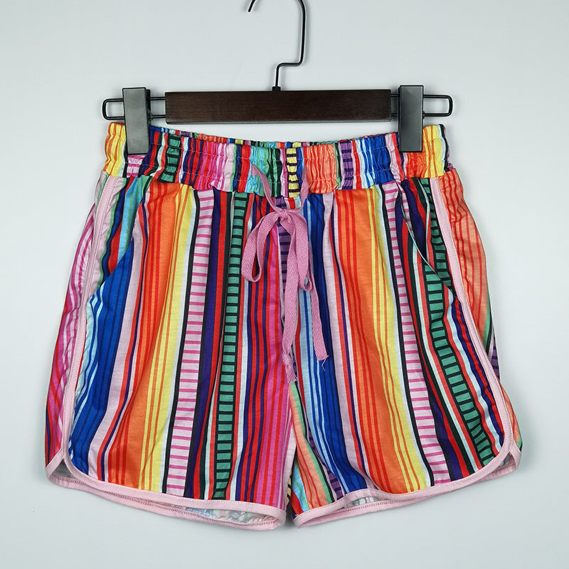 Pantalones cortos casuales de verano para mujer con cordón ajustable y contraste de colores arcoíris