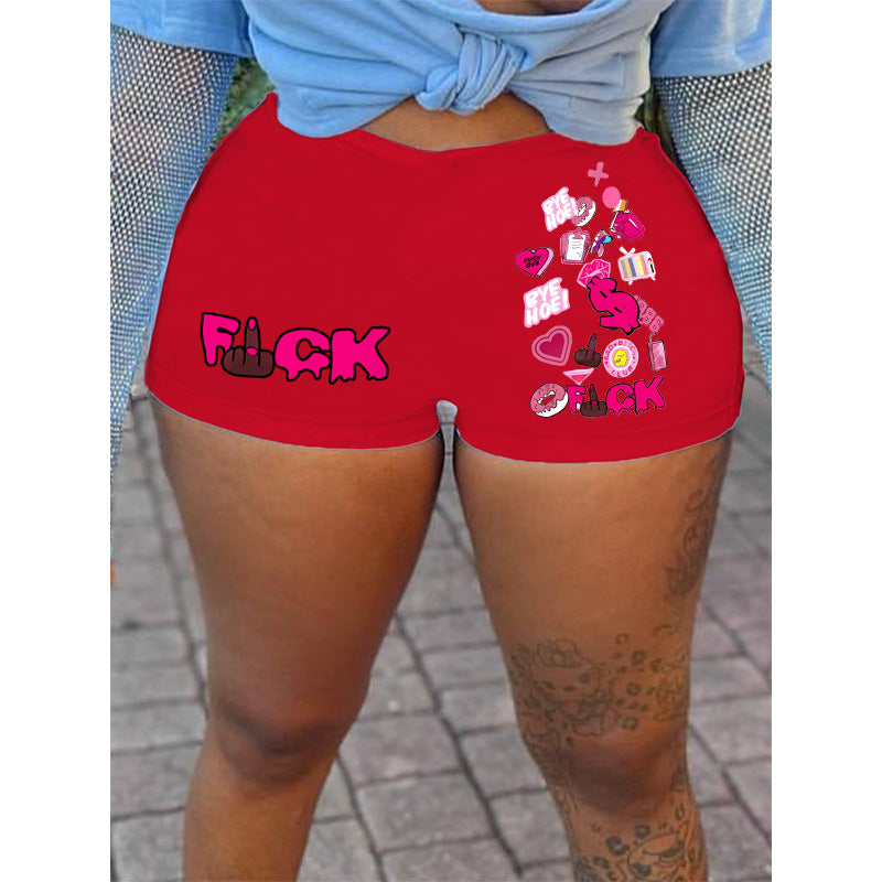 Women Fashion Casual Letter Printing Elastic Waist Shorts