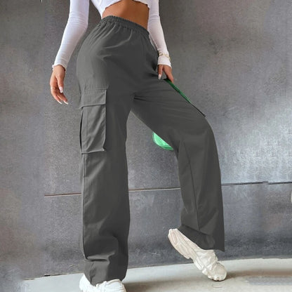 Women Loose Casual Solid Color High Waist Cargo Pants