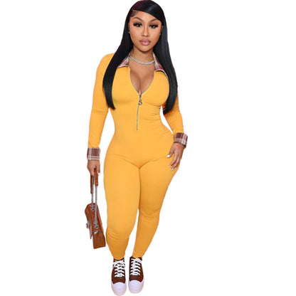 Women Stitching Lapel Zipper Long Sleeve Slim Fit Casual Jumpsuit