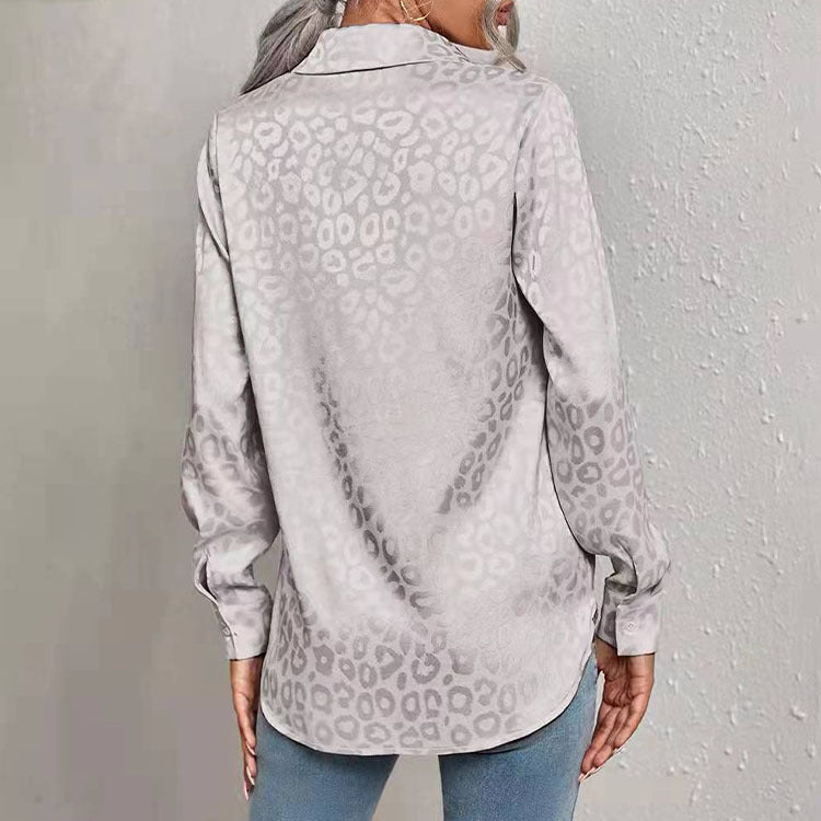 Blusa informal de manga larga con solapa y estampado de leopardo y satén jacquard para mujer