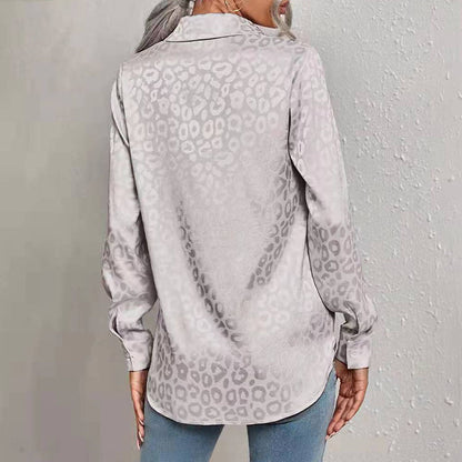 Blusa informal de manga larga con solapa y estampado de leopardo y satén jacquard para mujer