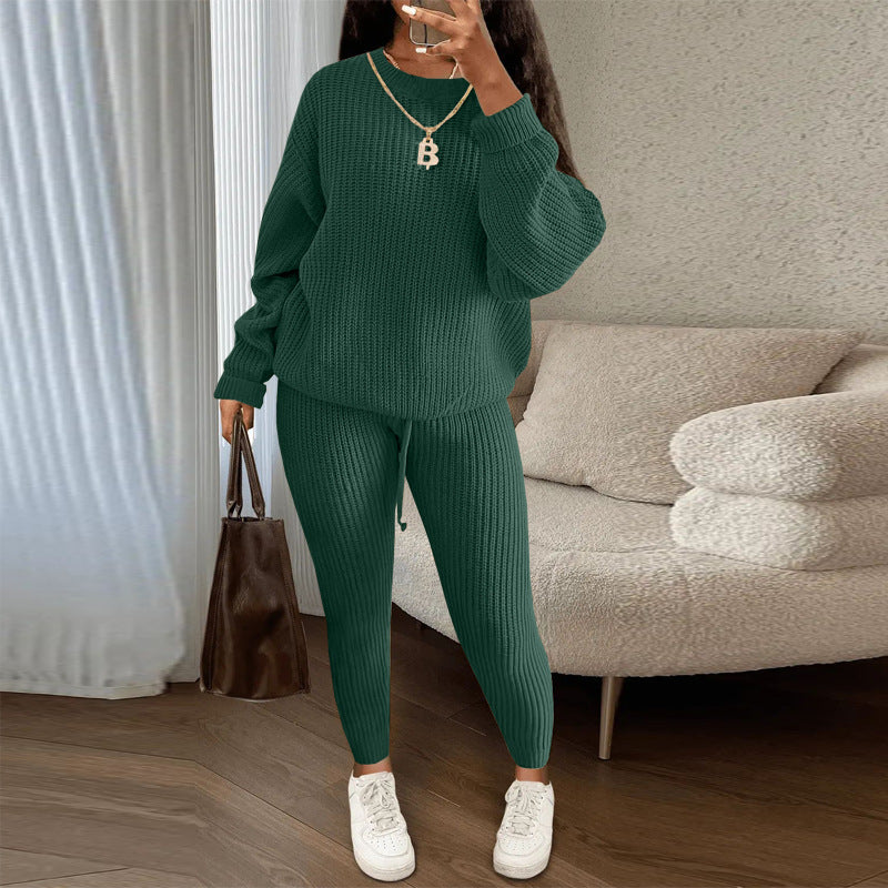 Fashion Casual Women Solid Color Knitted Long Sleeve Sweater And Pants Set