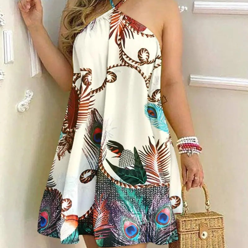 Women Elegant Vintage Casual Summer Halter Neck Lace Loose Loose Dress
