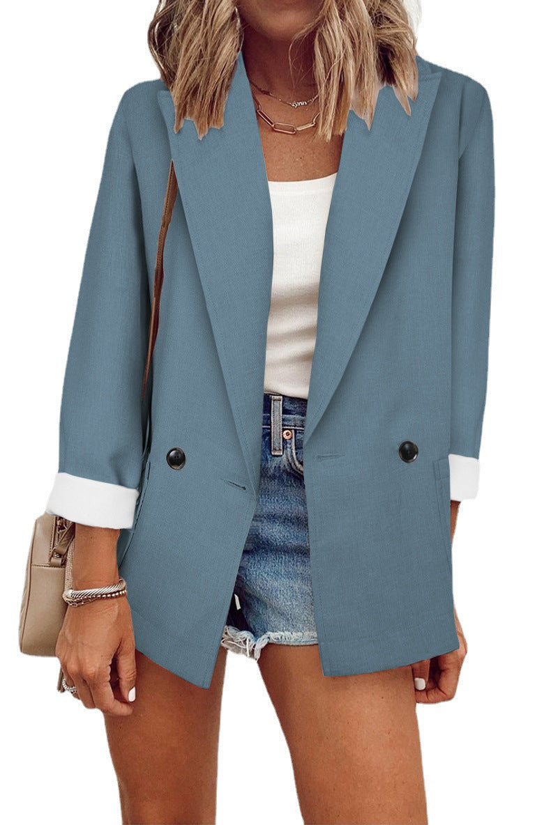 Blazer informal de manga larga con solapa y color liso para mujer